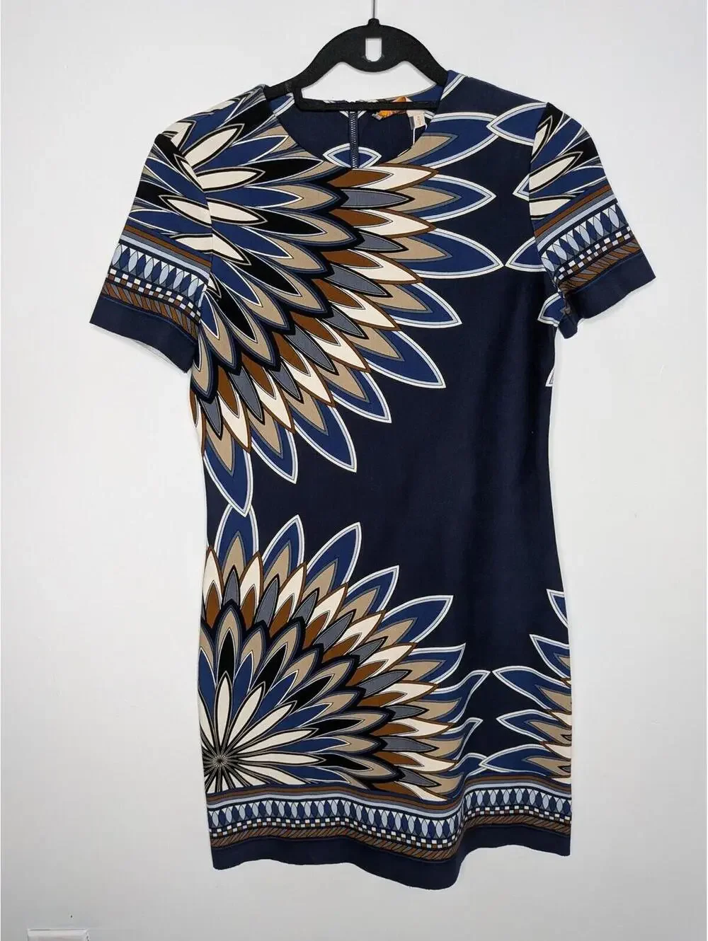 Tory Burch Dress Womens XS Blue Geometric Graphic Print Sheath Mini Short Sleeve